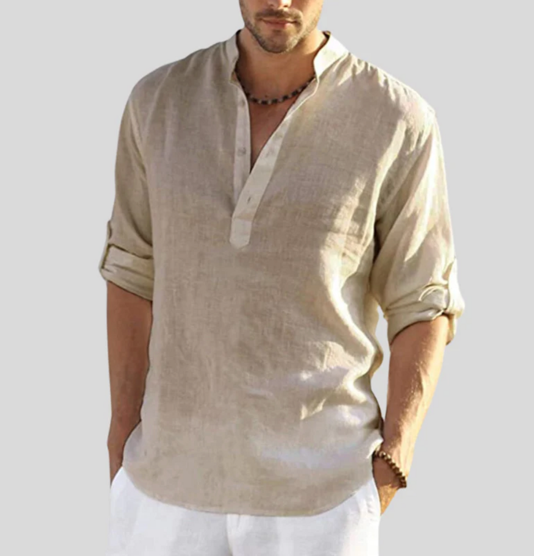 Finley | Men's Stand-Up Collar V-Neck Linen Button-Up Shirt