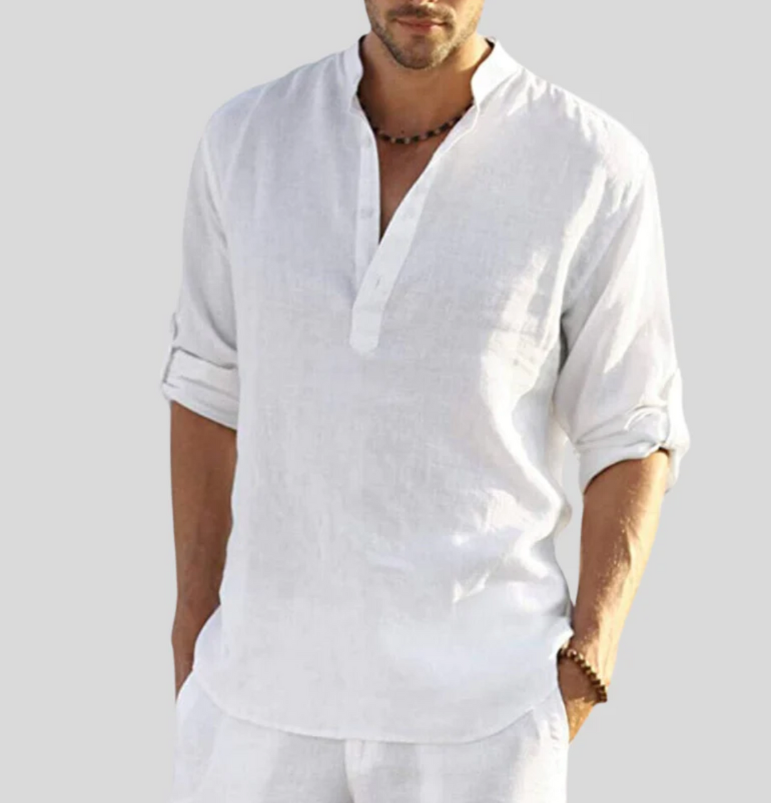Finley | Men's Stand-Up Collar V-Neck Linen Button-Up Shirt