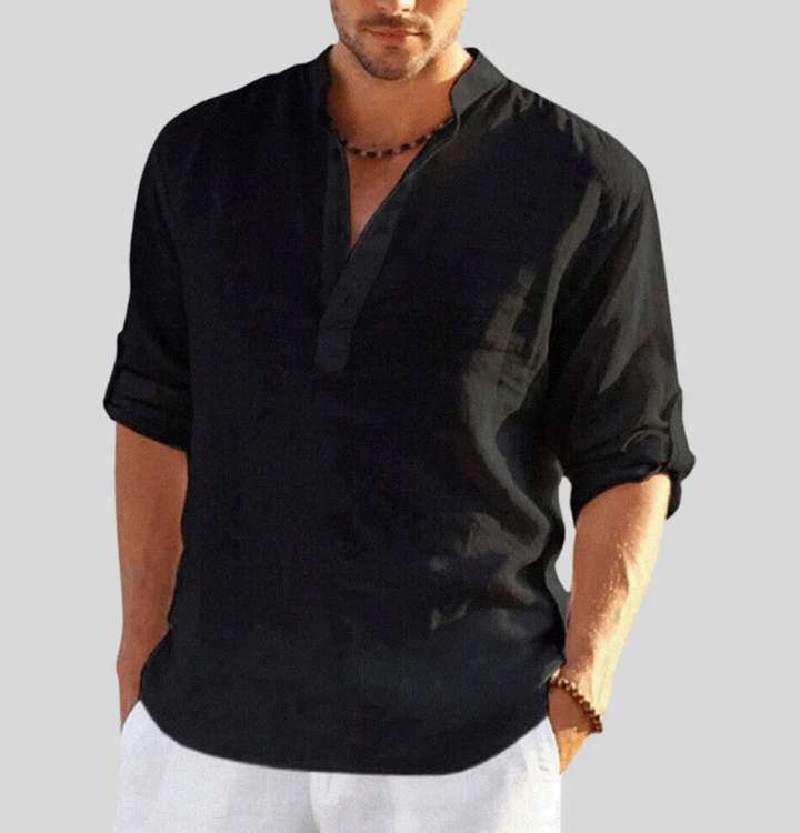 Finley | Men's Stand-Up Collar V-Neck Linen Button-Up Shirt