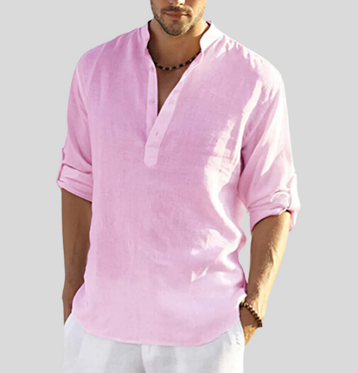 Finley | Men's Stand-Up Collar V-Neck Linen Button-Up Shirt
