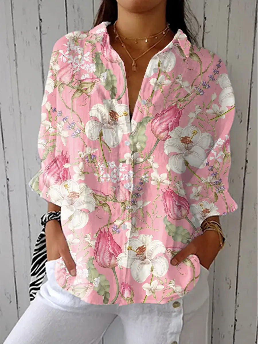 Genevieve | Women's Elegant Floral Button-Front V-Neck Blouse