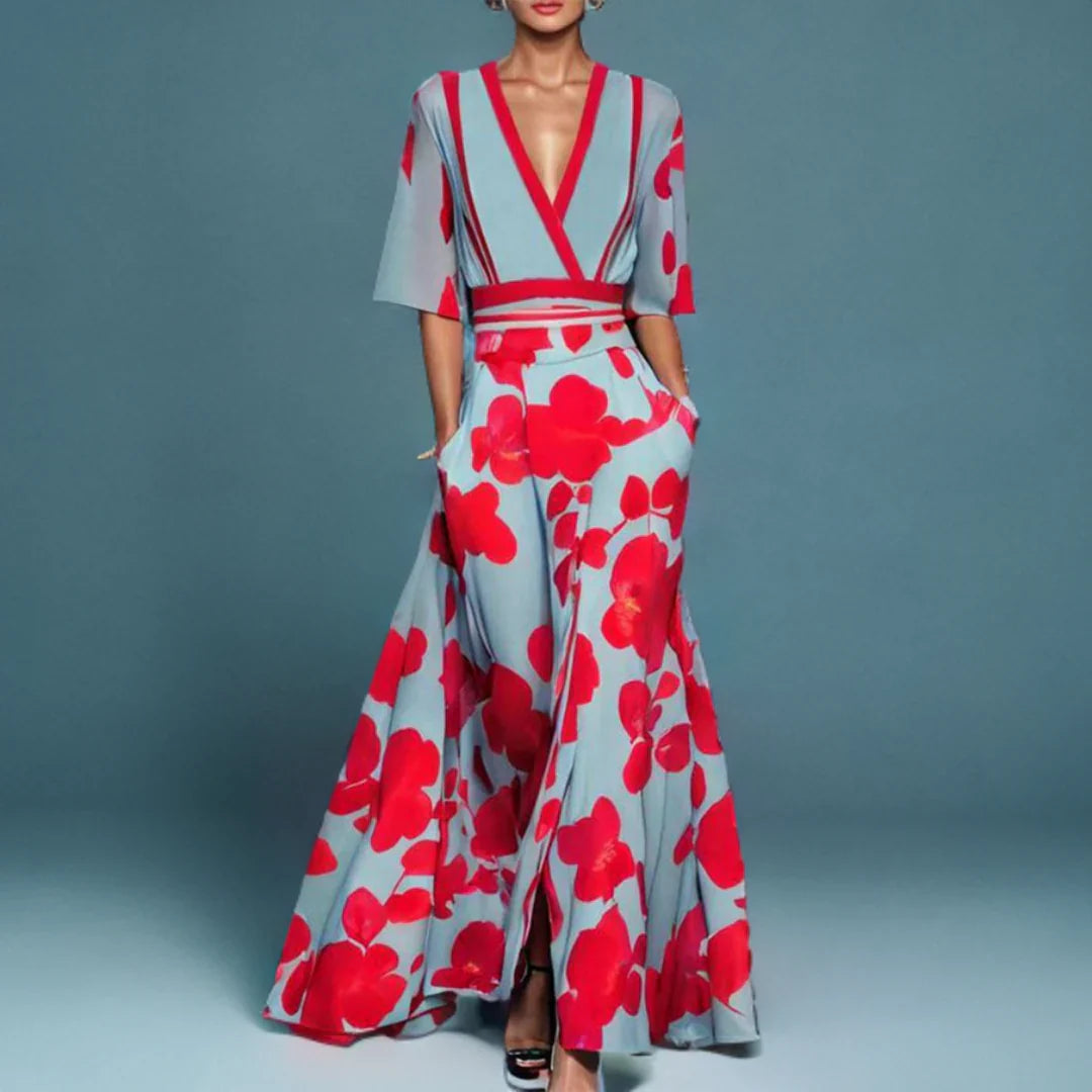 Genevieve | Women's Floral Wrap-Style V-Neck Maxi Dress