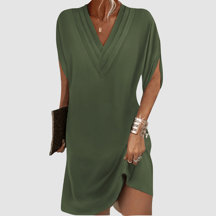 Genevieve | Women's Pleated V-Neck Half-Sleeve Midi Dress