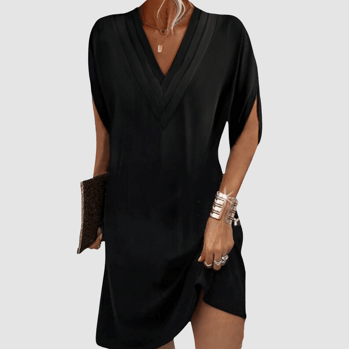 Genevieve | Women's Pleated V-Neck Half-Sleeve Midi Dress
