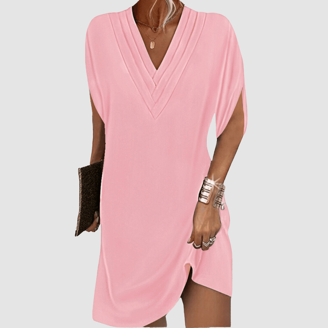 Genevieve | Women's Pleated V-Neck Half-Sleeve Midi Dress