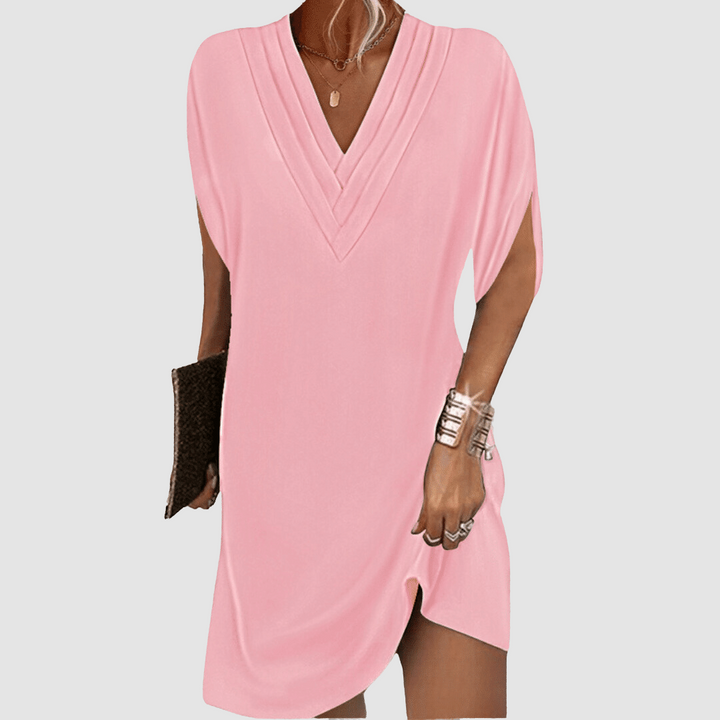 Genevieve | Women's Pleated V-Neck Half-Sleeve Midi Dress