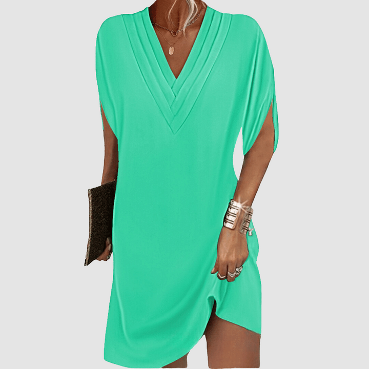 Genevieve | Women's Pleated V-Neck Half-Sleeve Midi Dress