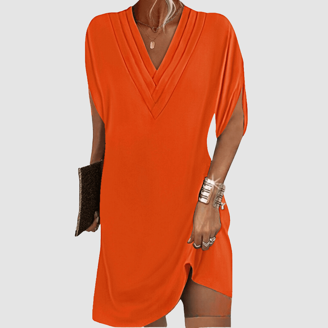 Genevieve | Women's Pleated V-Neck Half-Sleeve Midi Dress