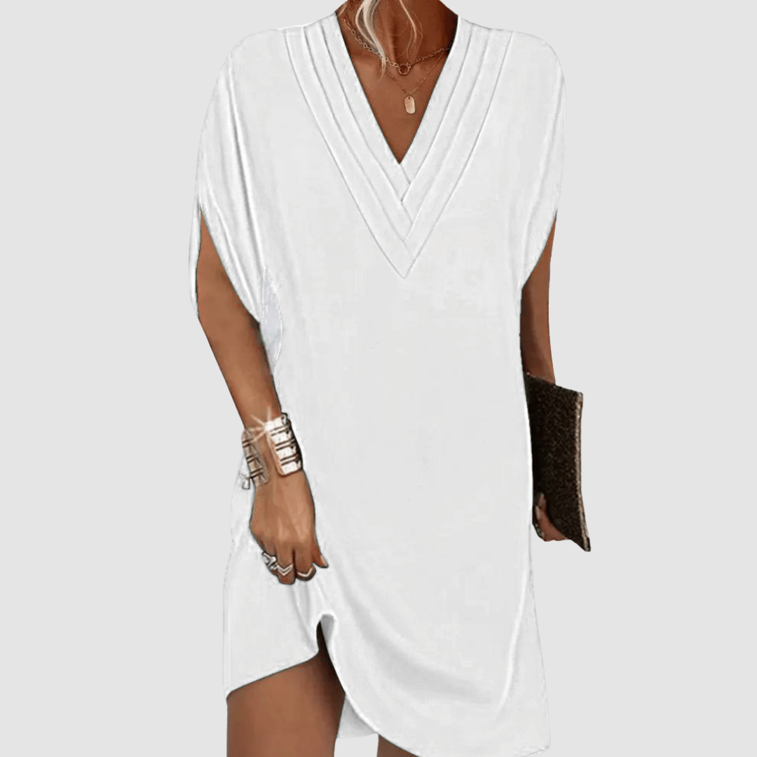 Genevieve | Women's Pleated V-Neck Half-Sleeve Midi Dress