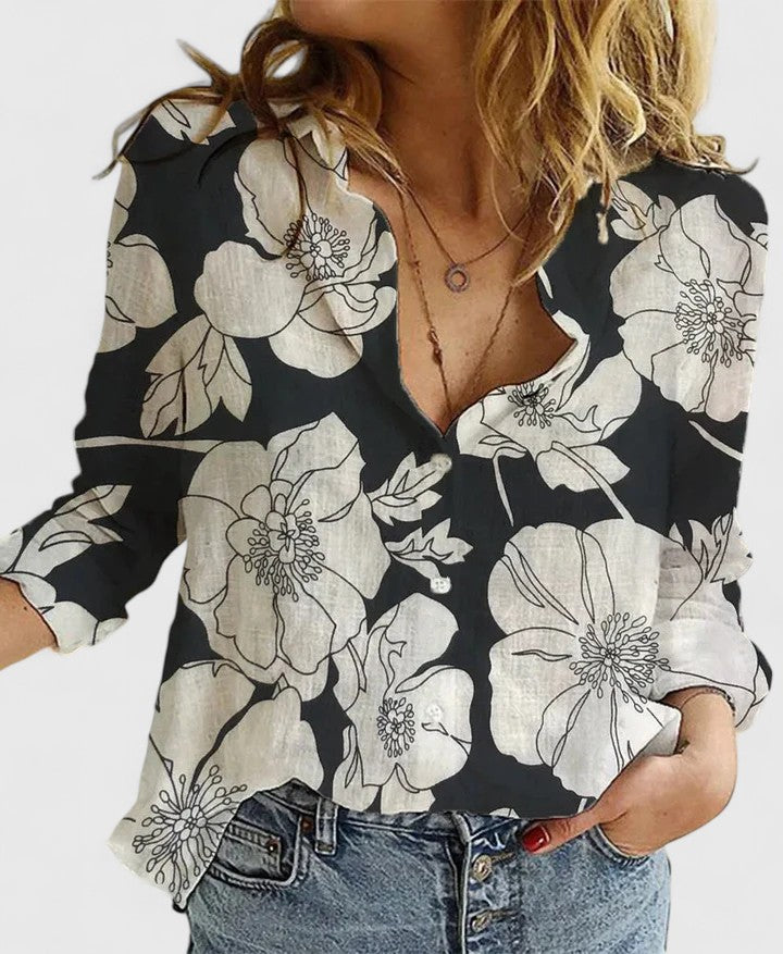 Genevieve | Women's Relaxed Lapel Collar Button-Down Linen Blouse