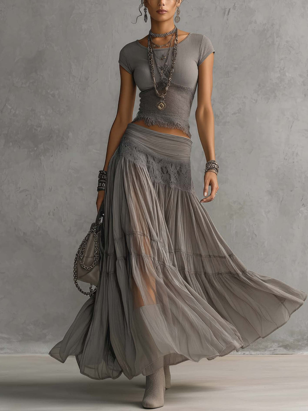 Genevieve | Women's Sheer Lace-Paneled Top Pleated Maxi Skirt Set