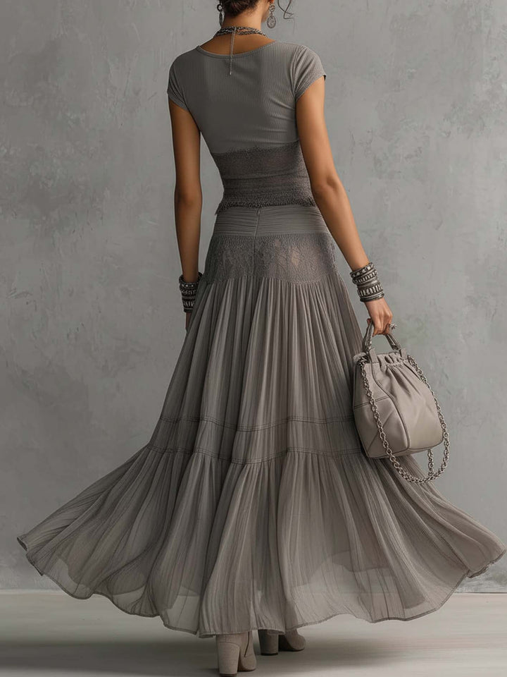 Genevieve | Women's Sheer Lace-Paneled Top Pleated Maxi Skirt Set