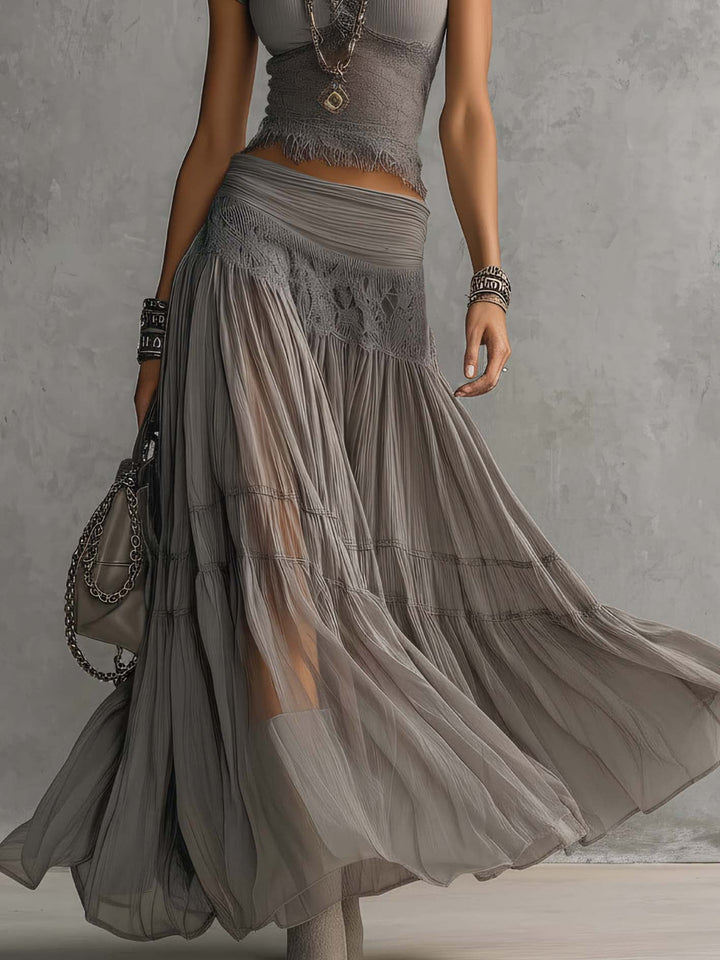 Genevieve | Women's Sheer Lace-Paneled Top Pleated Maxi Skirt Set