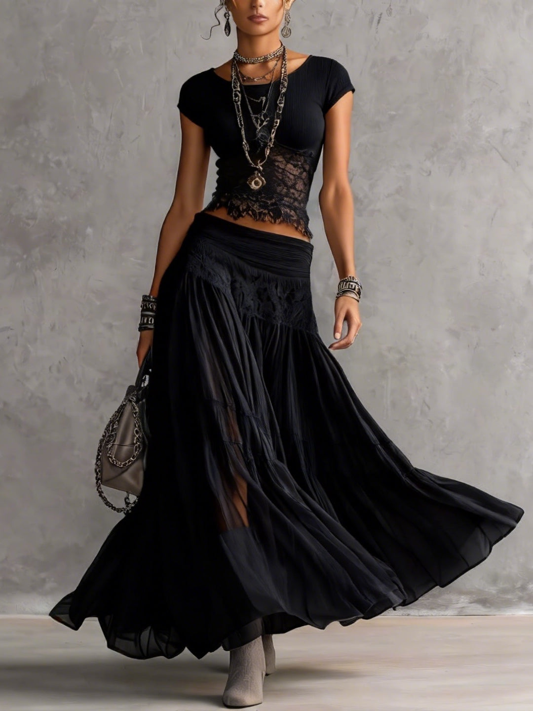 Genevieve | Women's Sheer Lace Top and Pleated Maxi Skirt Set