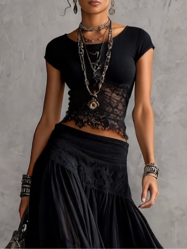 Genevieve | Women's Sheer Lace Top and Pleated Maxi Skirt Set