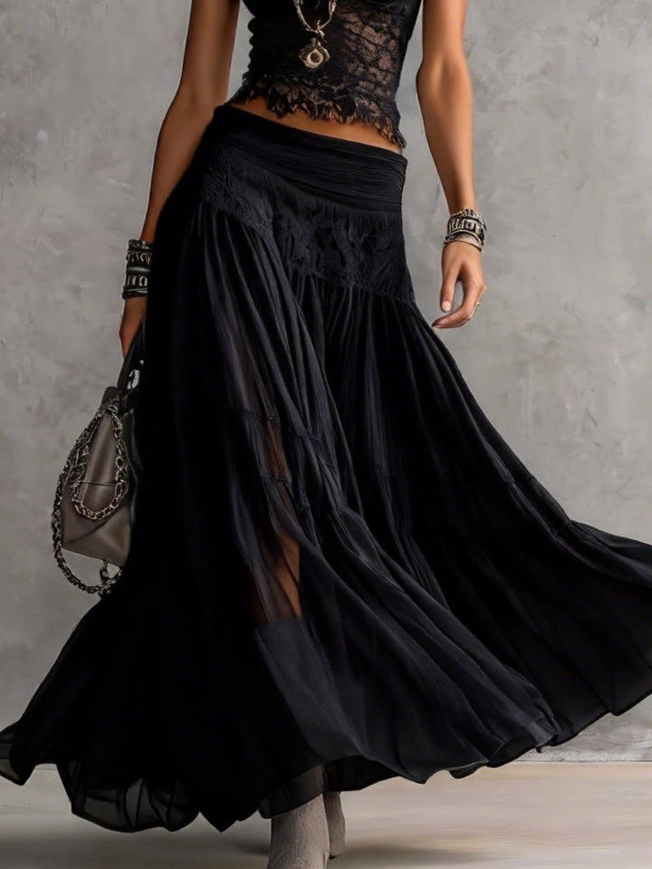 Genevieve | Women's Sheer Lace Top and Pleated Maxi Skirt Set