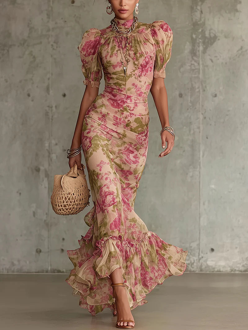 Genevieve | Women's Vintage Floral Chiffon Tulle Maxi Dress