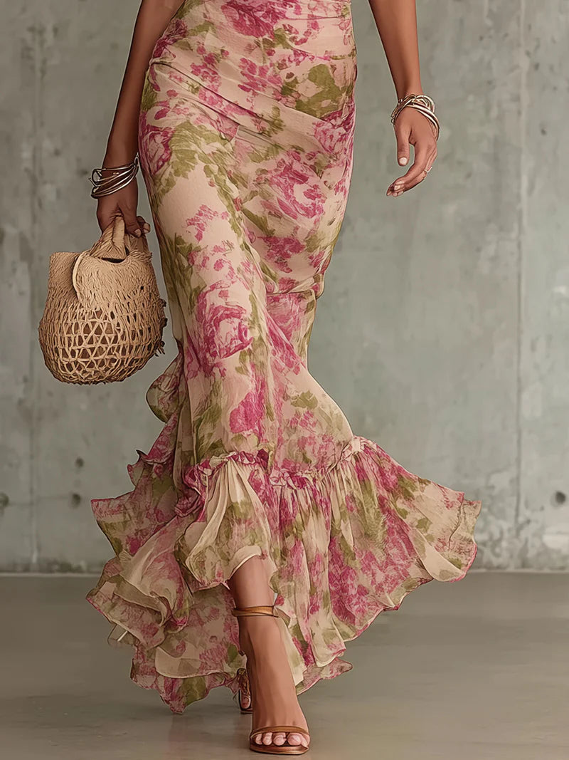 Genevieve | Women's Vintage Floral Chiffon Tulle Maxi Dress