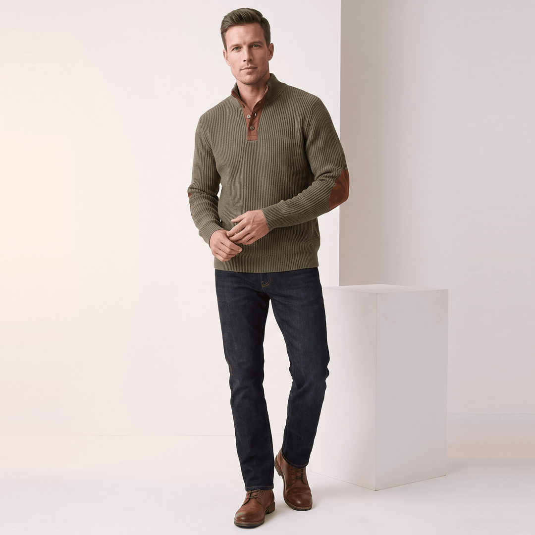 Harduin | Men's Snap Collar Elbow Patch Sweater