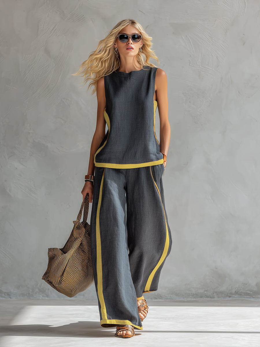 Henrietta | Women's Sleeveless Contrast-Trim Wide-Leg Two-Piece Set