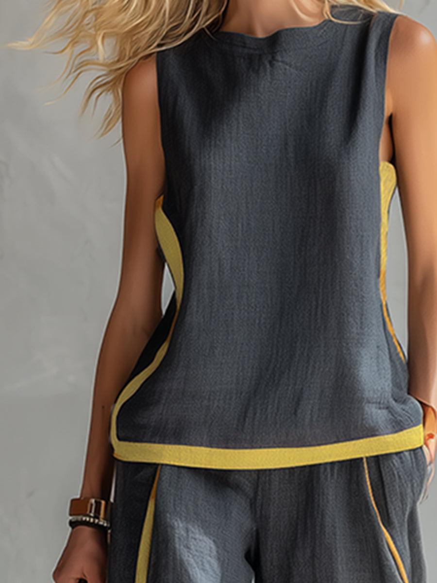 Henrietta | Women's Sleeveless Contrast-Trim Wide-Leg Two-Piece Set