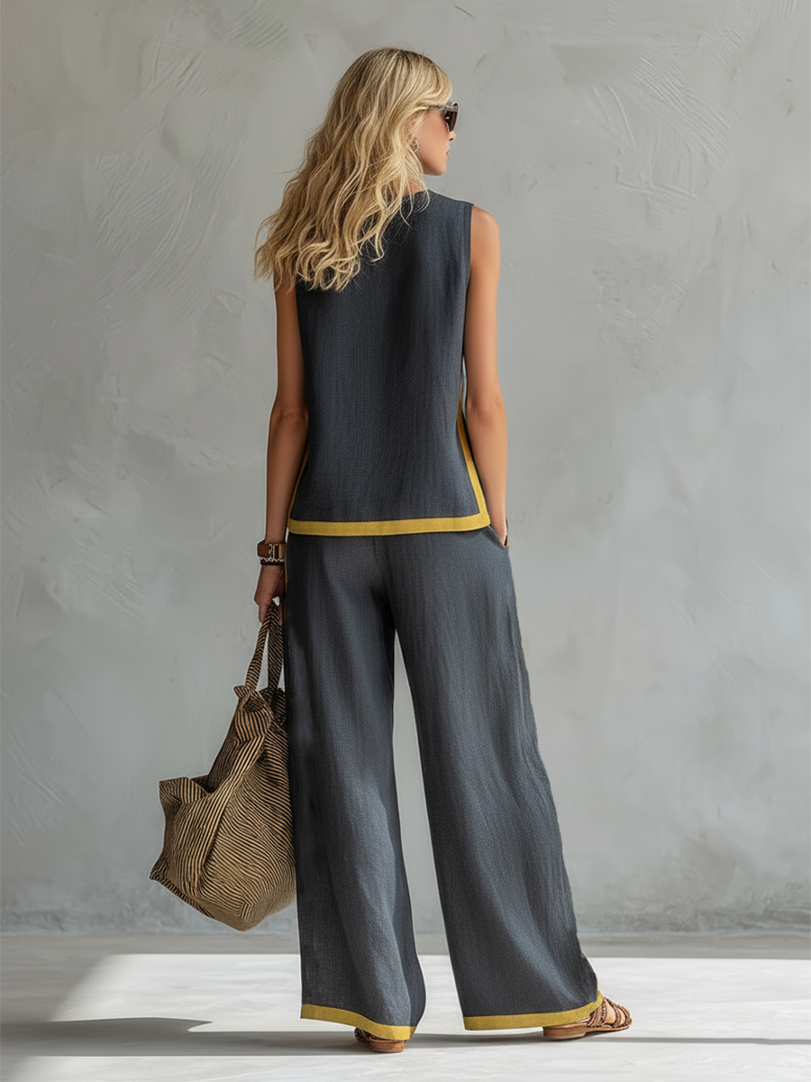 Henrietta | Women's Sleeveless Contrast-Trim Wide-Leg Two-Piece Set