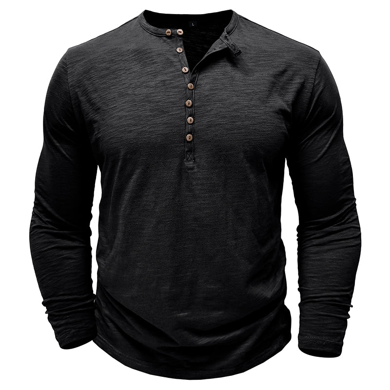 Men's Long Sleeve Henley Shirt with Button Placket and Textured Surface