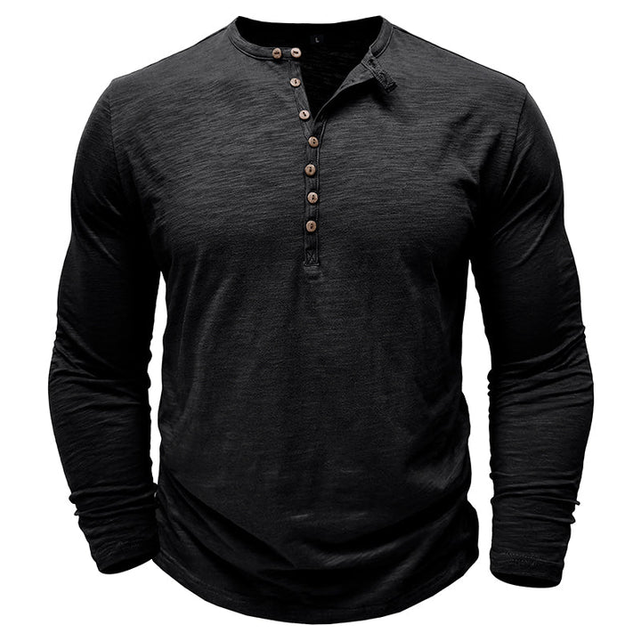 Men's Long Sleeve Henley Shirt with Button Placket and Textured Surface