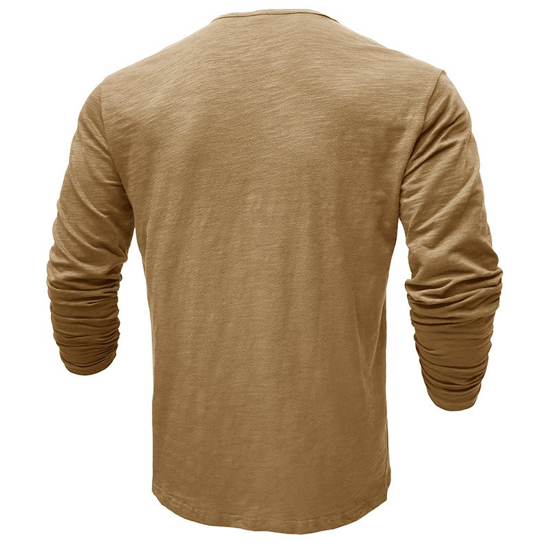 Men's Long Sleeve Henley Shirt with Button Placket and Textured Surface