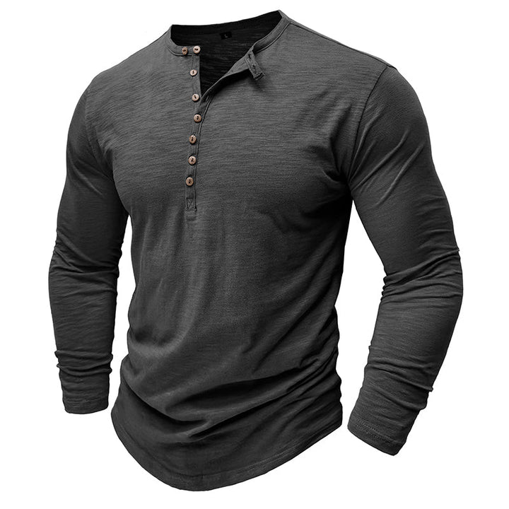 Men's Long Sleeve Henley Shirt with Button Placket and Textured Surface