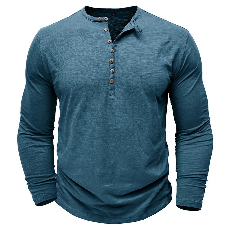 Men's Long Sleeve Henley Shirt with Button Placket and Textured Surface