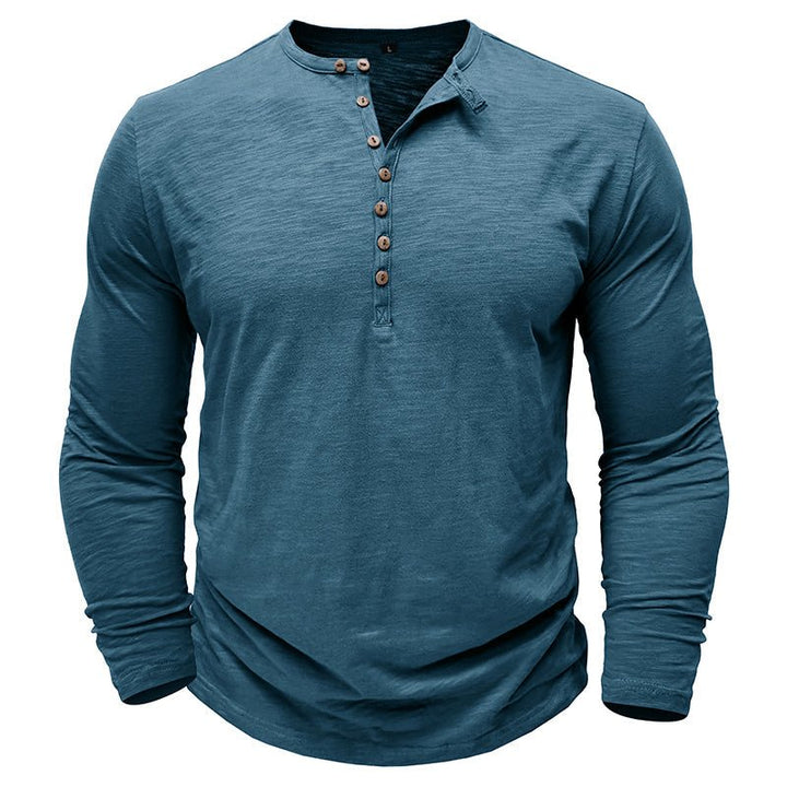 Men's Long Sleeve Henley Shirt with Button Placket and Textured Surface