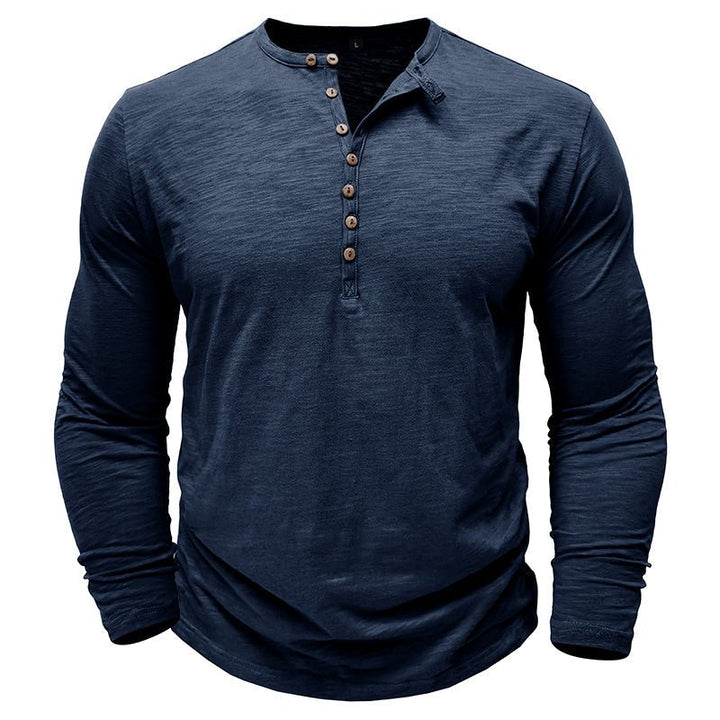Men's Long Sleeve Henley Shirt with Button Placket and Textured Surface