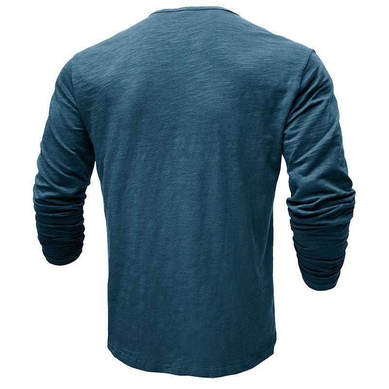 Men's Long Sleeve Henley Shirt with Button Placket and Textured Surface