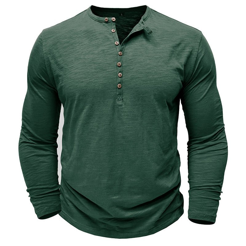 Men's Long Sleeve Henley Shirt with Button Placket and Textured Surface