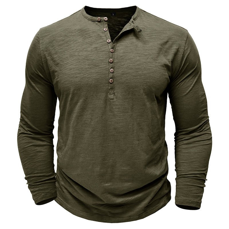 Men's Long Sleeve Henley Shirt with Button Placket and Textured Surface