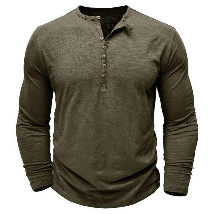 Men's Long Sleeve Henley Shirt with Button Placket and Textured Surface