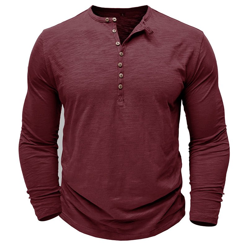 Men's Long Sleeve Henley Shirt with Button Placket and Textured Surface