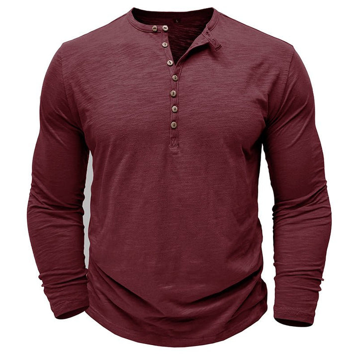 Men's Long Sleeve Henley Shirt with Button Placket and Textured Surface