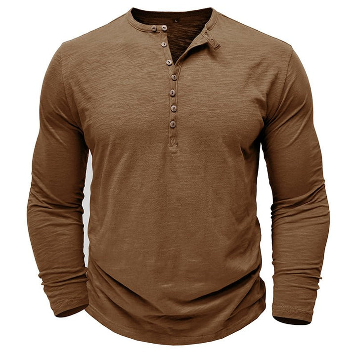 Men's Long Sleeve Henley Shirt with Button Placket and Textured Surface