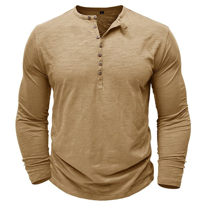 Men's Long Sleeve Henley Shirt with Button Placket and Textured Surface