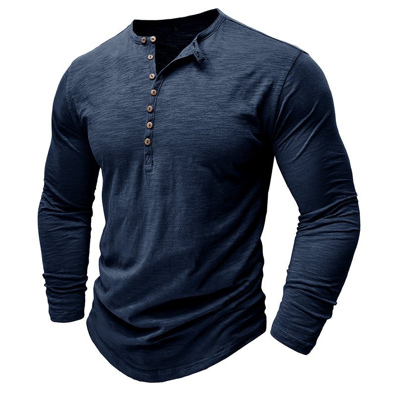 Men's Long Sleeve Henley Shirt with Button Placket and Textured Surface