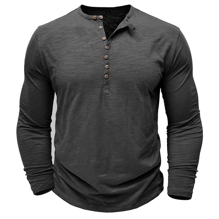 Men's Long Sleeve Henley Shirt with Button Placket and Textured Surface