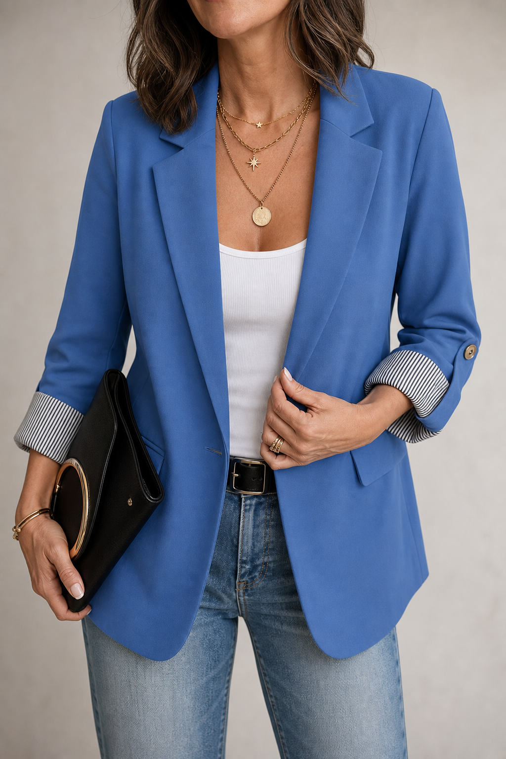 Berangere | Women's Roll-Sleeve Blazer with Striped Cuff Lining