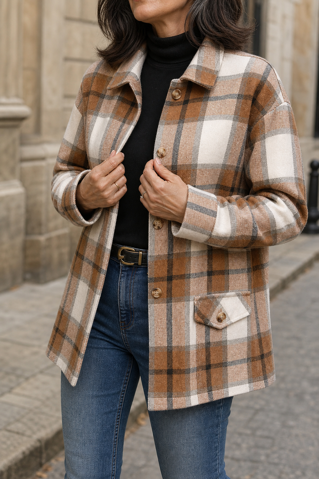 Clarisse | Women's Relaxed Check Shirt Jacket with Flap Pockets