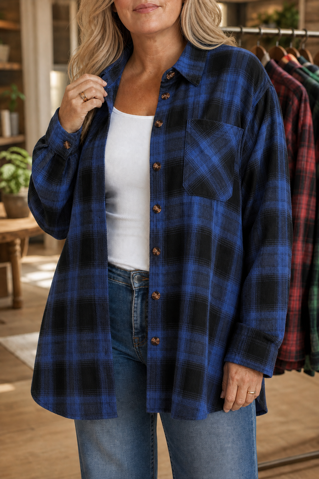 Solene | Women's Oversized Check Shacket with Chest Pockets