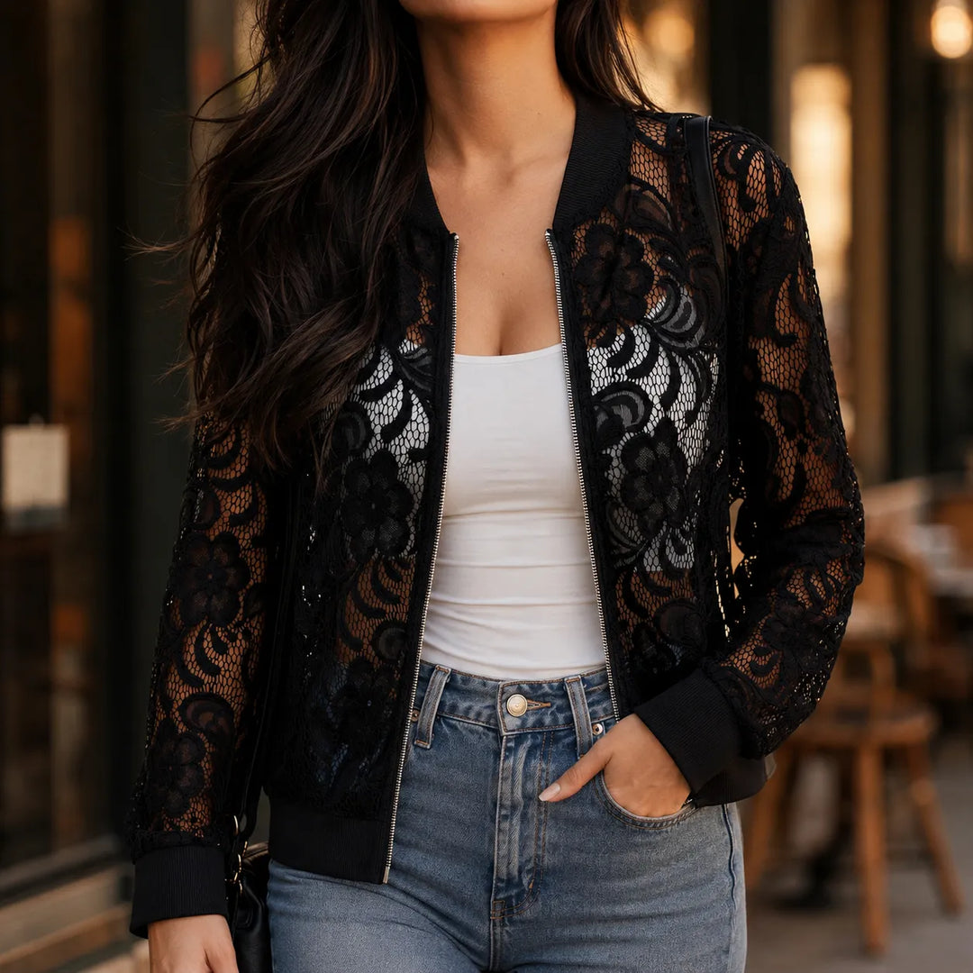 Roxanne | Women's Lace-Pattern Zip Bomber Jacket