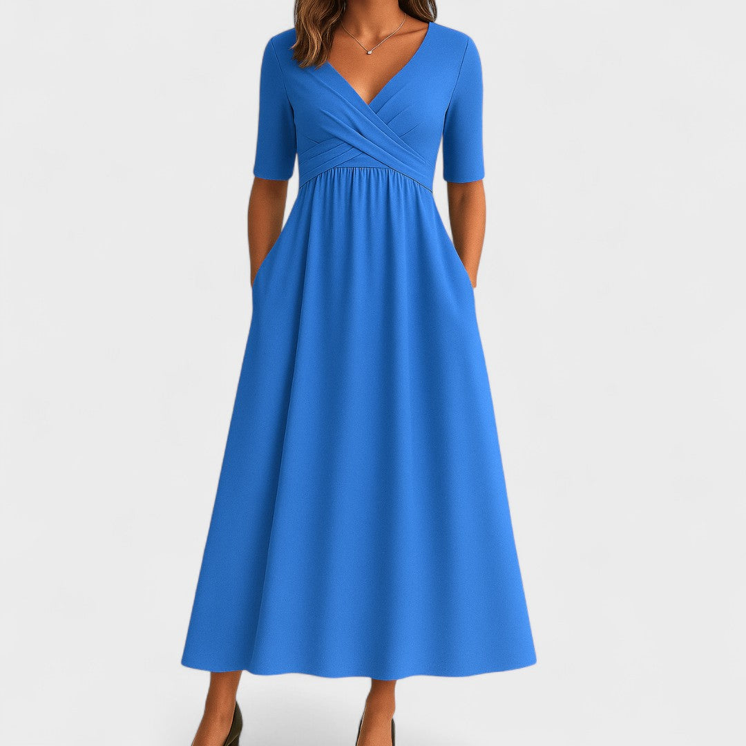 Ida | Women's Surplice V-Neck Pleated Wrap-Style Midi Dress
