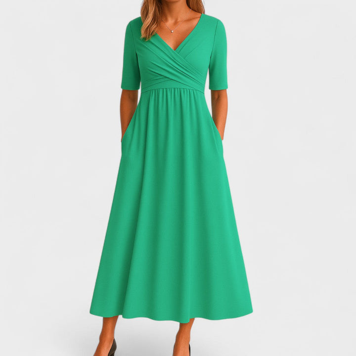 Ida | Women's Surplice V-Neck Pleated Wrap-Style Midi Dress
