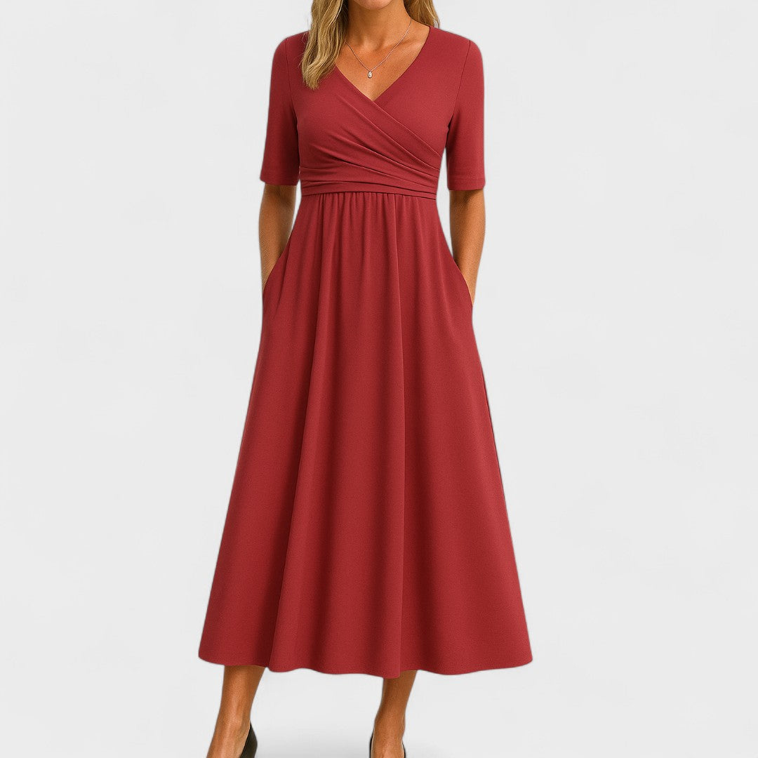 Ida | Women's Surplice V-Neck Pleated Wrap-Style Midi Dress